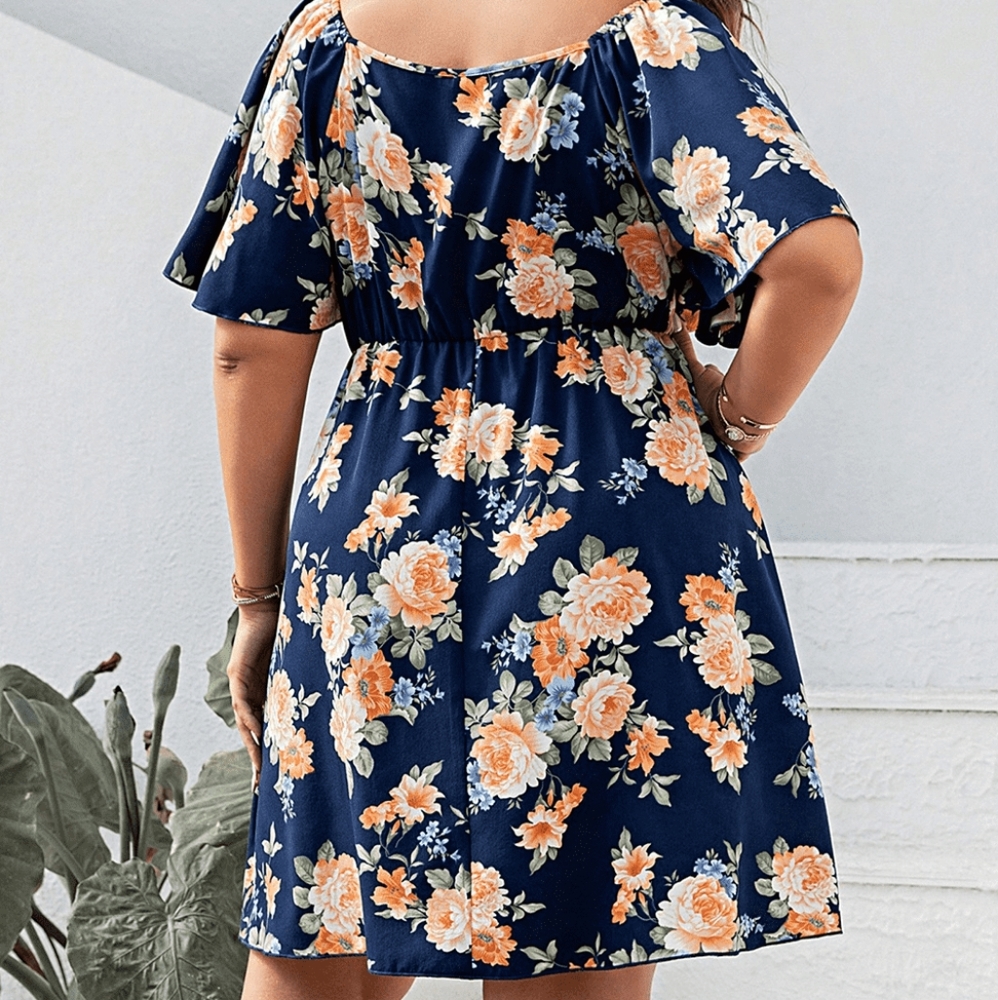 Blue Floral Print Flutter Sleeve Mini Dress - Picture 4 of 5